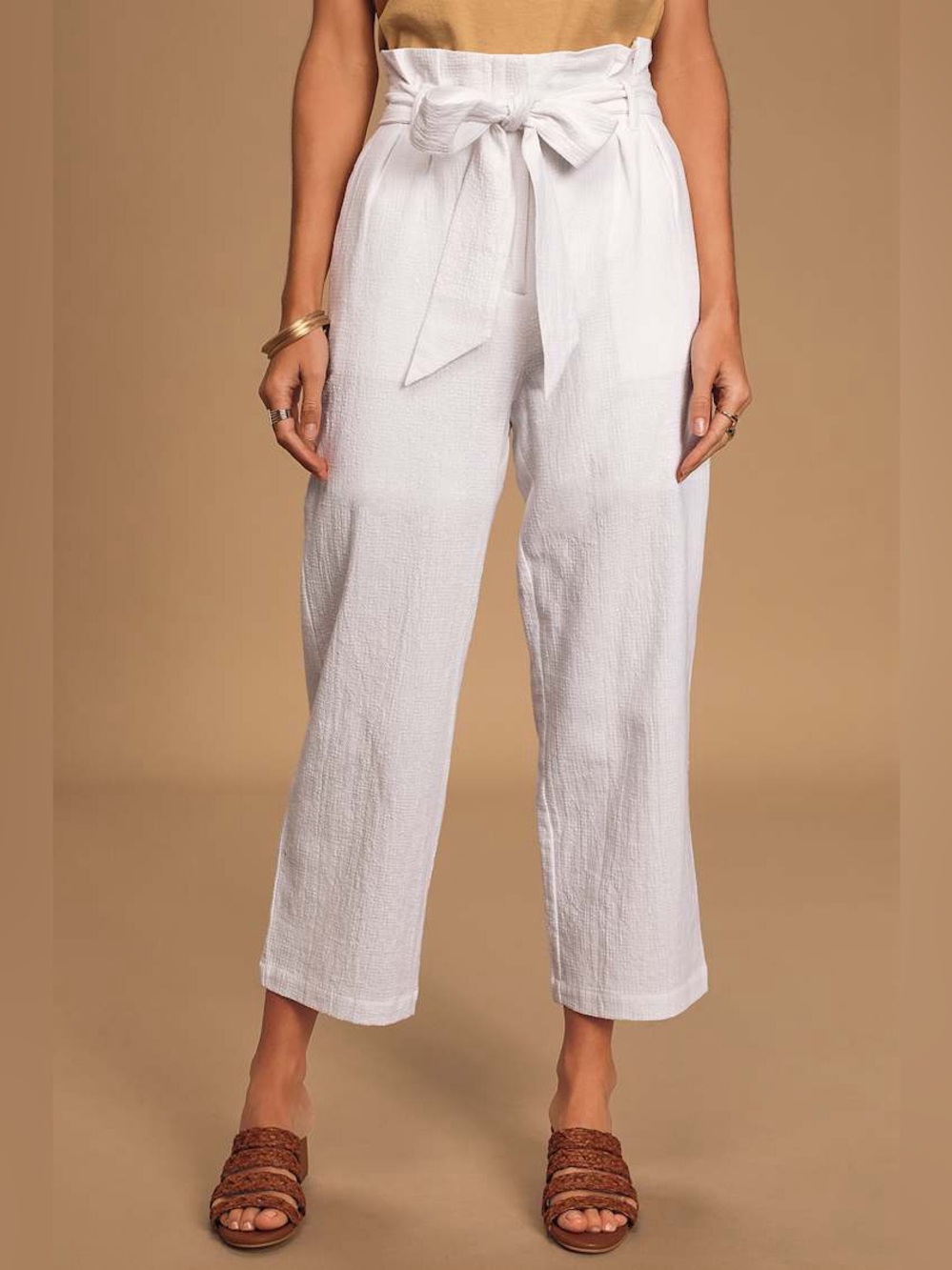 Lost + Wander White Paperbag Tie Cropped Wide-Leg Pants